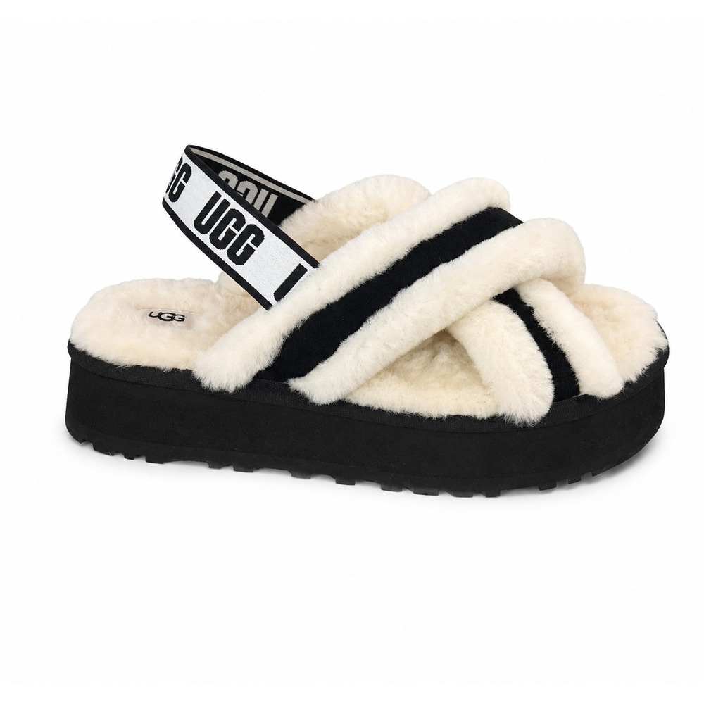 UGG Disco Cross Slide Platform Sandals Womens 11 White Black Shearling Chunky